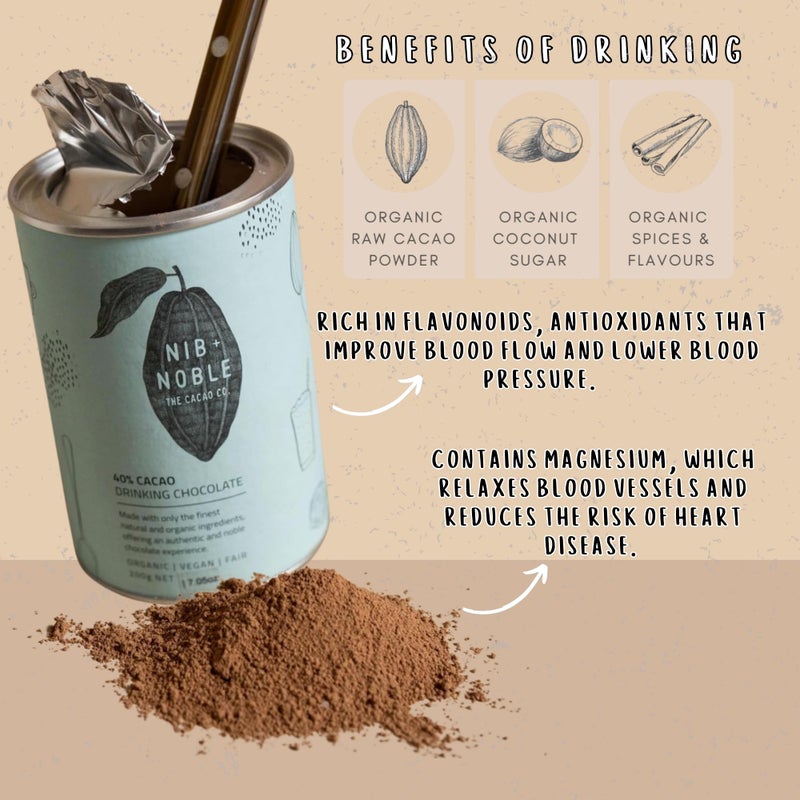 Nib + Noble Organic Drinking Chocolate Powder - Dairy-Free Hot Cocoa with Coconut Milk - Vegan, Gluten-Free Fair Trade Cacao - Plant-Based Chocolate Powder for Hot & Iced Drinks - 200g - Image 3